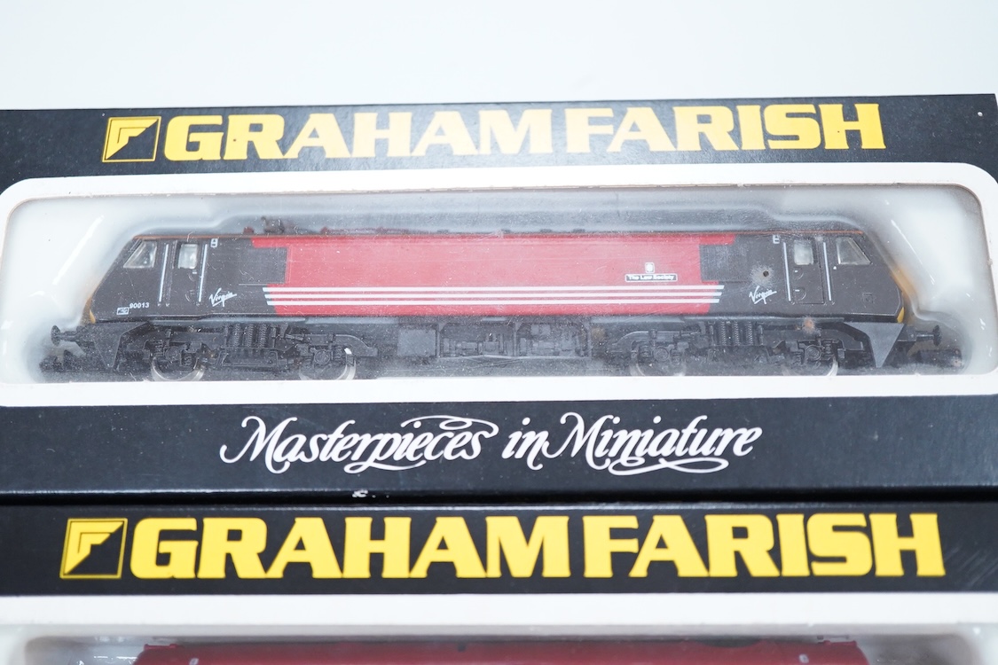 Three boxed Graham Farish N gauge railway electric and diesel locomotives; a Virgin class 90, the Law Society 90013 (882A), a Mainline class 37, 37055 (803D) and an EWS class 37, 37408 (803E).